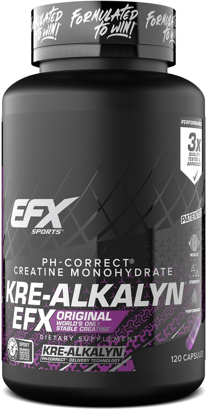 EFX Sports Kre-Alkalyn | PH 值校正肌酸一水合物 | 知情選擇，增強力量，鍛鍊肌肉，提升運動表現 I 不腹脹，不積水 - 120 粒膠囊/60 份