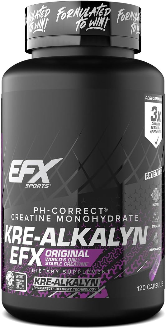 EFX Sports Kre-Alkalyn | PH 值校正肌酸一水合物 | 知情選擇，增強力量，鍛鍊肌肉，提升運動表現 I 不腹脹，不積水 - 120 粒膠囊/60 份