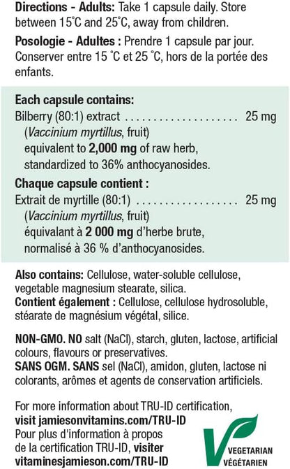 Jamieson Bilberry 2,000 mg, European Blueberry, Antioxidant for the Maintenance of Good Health, and Supports Eye Health. Non-GMO, Gluten-Free, 60 Vegetarian Capsules, Proudly Canadian
