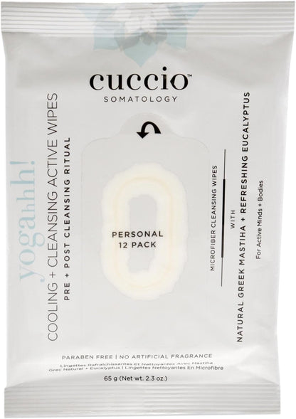 Cuccio Somatology Yogahh Cooling Plus Cleansing Wipes - Delivers Cool, Clean and Refreshed Feeling - Helps Remove Grime - Ideal for Pre and Post Workout - Vegan Formula - Paraben Free - 12 pc