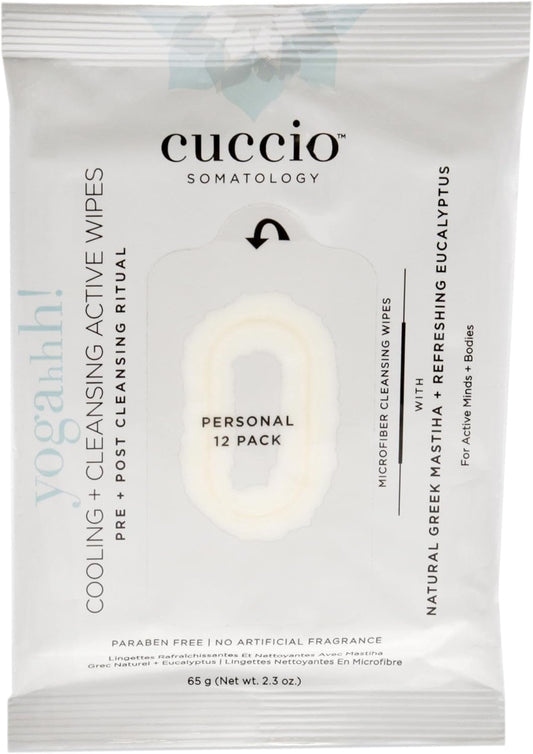 Cuccio Somatology Yogahh Cooling Plus Cleansing Wipes - Delivers Cool, Clean and Refreshed Feeling - Helps Remove Grime - Ideal for Pre and Post Workout - Vegan Formula - Paraben Free - 12 pc