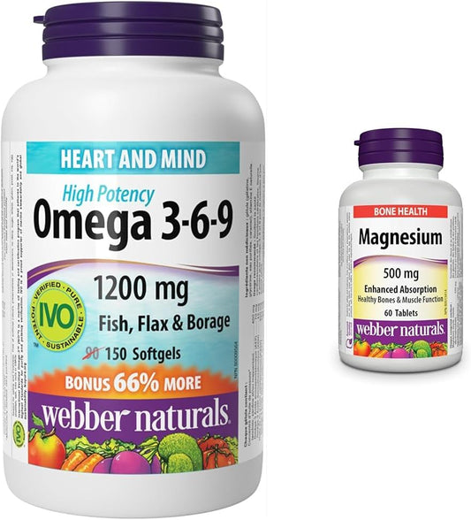 Webber Naturals Omega 3-6-9 1200 毫克魚油 + 鎂 500 毫克片劑套裝，有益於心血管、大腦、骨骼和肌肉健康