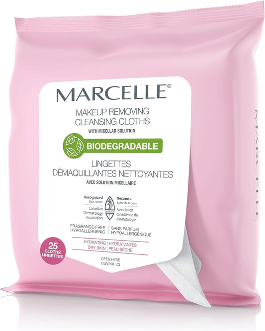 Marcelle Biodegradable and Recyclable Hydrating Makeup Cleansing Cloths, Dry Skin, Hypoallergenic, Fragrance-Free, Cruelty-Free, Paraben-Free, Oil-Free, Non-Comedogenic, Vegan, 25 Cloths