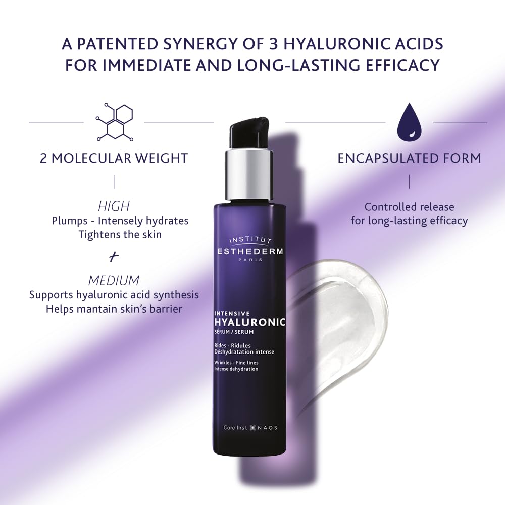 Institut Esthederm - Intensive Hyaluronic Serum, Intense Rehydrating Plumping Serum, Wrinkles and Fine Lines Dehydrated Skin, 30 mL.