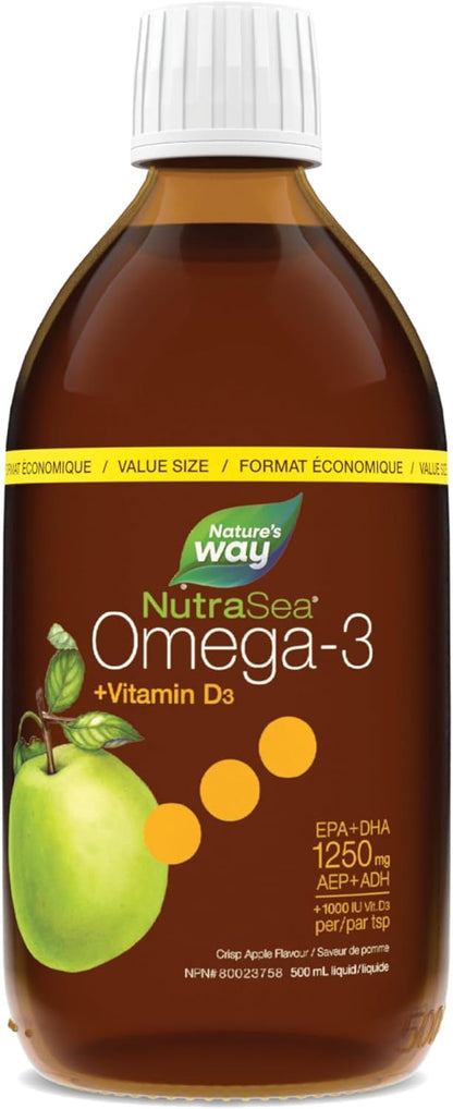 Nature's Way NutraSea Omega-3 和維生素 D 補充劑 - 含 EPA 和 DHA 的魚油 - 支持健康的心臟和大腦，幫助強健骨骼和牙齒並幫助支持免疫系統 - 清脆蘋果味，500 毫升液體，素食…