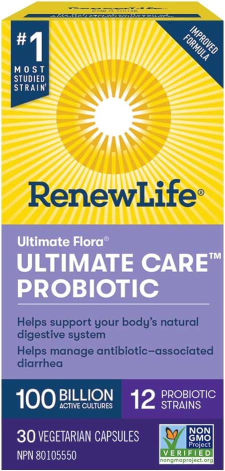 Renew Life® Probiotics Ultimate Flora® Ultimate Care Probiotic, Helps manage antibiotic-associated diarrhea, 100 Billion Active Cultures 30 Vegetarian capsules