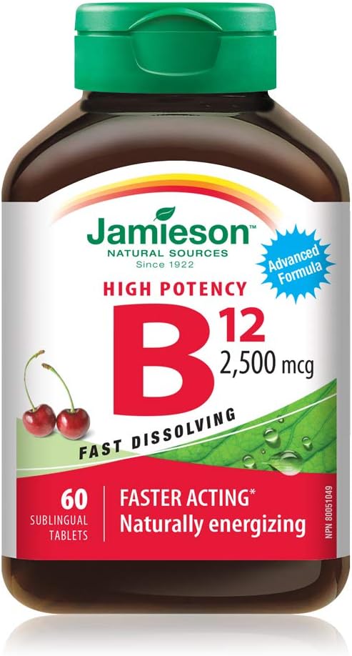 Jamieson 维生素 B12 2,500 微克速溶舌下片，天然樱桃味，含甲钴胺，促进能量生成和代谢。素食，无麸质，不含人工色素、香精或防腐剂……