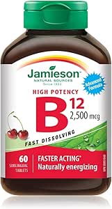 Jamieson 維生素 B12 2,500 微克速溶舌下片，天然櫻桃味，含甲鈷胺，促進能量生成和代謝。素食，無麩質，不含人工色素、香精或防腐劑…