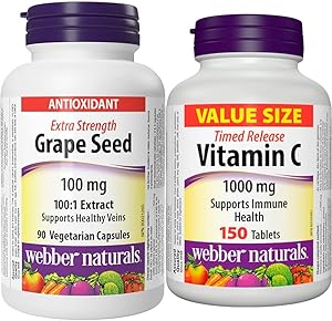 Webber Naturals Grape Seed 100 mg, Extra Strength, 90 Capsules, Antioxidant Support, Vegan & Vitamin C Timed Release 1000 mg, 150 Tablets, For Bones, Teeth, Immune and Antioxidant Health
