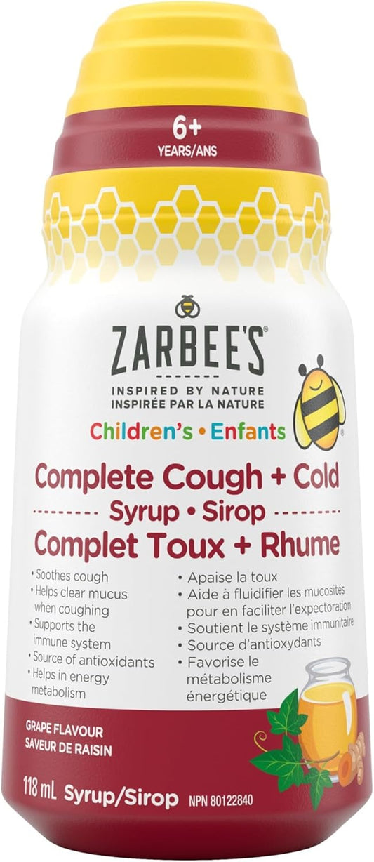 Zarbee's Children's Complete Cough + Cold Syrup, Zinc, Honey, Tumeric, Marshmallow Root, B Vitamins, English Ivy Leaf, 118 mL