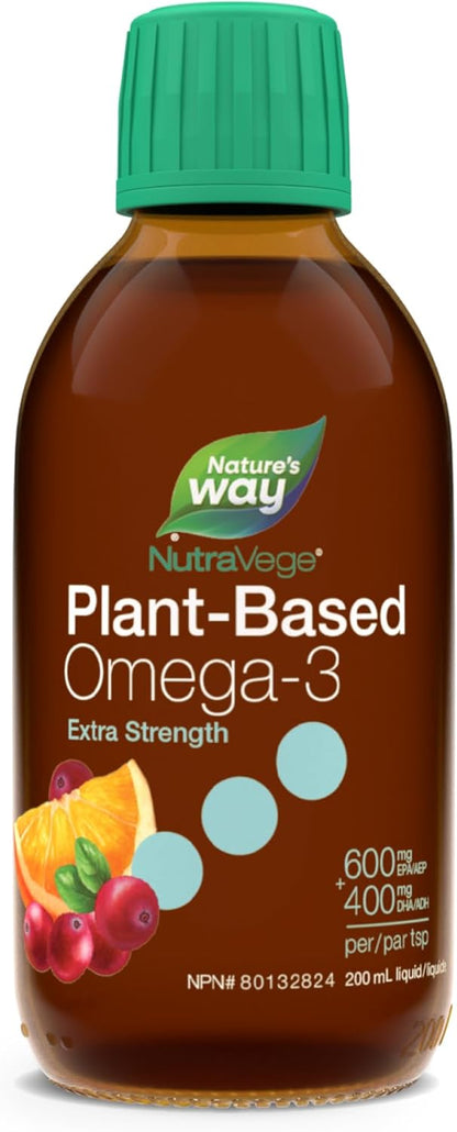 Nature's Way NutraVege 植物性 Omega-3 – 超強素食液體 Omega-3 補充劑，含 1000 毫克 EPA + DHA - 蔓越莓橙味 – 支持成人心臟、眼睛和大腦功能健康，200 毫升