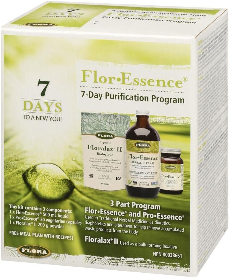 Flora Health Flor•Essence 7 天淨化計畫天然全身清潔和排毒 3 部分計畫 - Flor•Essence 液體茶混合物、Pro•Essence 泌尿道支持、Floralax II 天然瀉藥