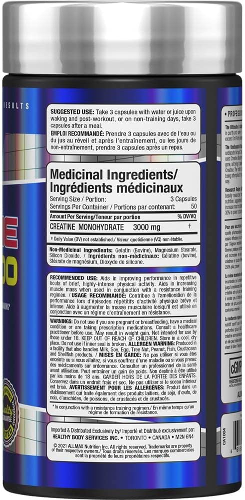 ALLMAX Nutrition - 肌​​酸 3000，肌酸一水合物胶囊，用于增强力量和肌肉恢复，无麸质且快速吸收，3000 毫克，120 粒胶囊
