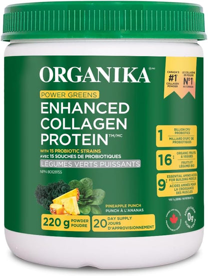 Organika Canadian-Made Power Greens with Enhanced Collagen - 16 Superfoods - Organic Fruits and Vegetables Nutrient Rich Powder Pineapple Punch Flavor with Essential Proteins and Probiotics - 220g