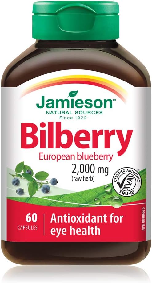 Jamieson Bilberry 2,000 mg, European Blueberry, Antioxidant for the Maintenance of Good Health, and Supports Eye Health. Non-GMO, Gluten-Free, 60 Vegetarian Capsules, Proudly Canadian