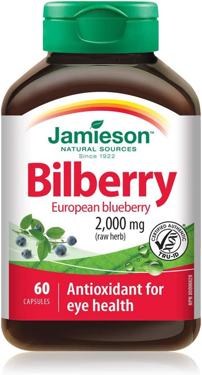 Jamieson Bilberry 2,000 mg, European Blueberry, Antioxidant for the Maintenance of Good Health, and Supports Eye Health. Non-GMO, Gluten-Free, 60 Vegetarian Capsules, Proudly Canadian