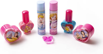 Lip Smacker Disney Princess 5-Piece Beauty Tote for Kids, Includes Lip Balm, Nail Polish & Hair Accessories, Travel Bag Gift Set Featuring Rapunzel & Cinderella, Cruelty-Free