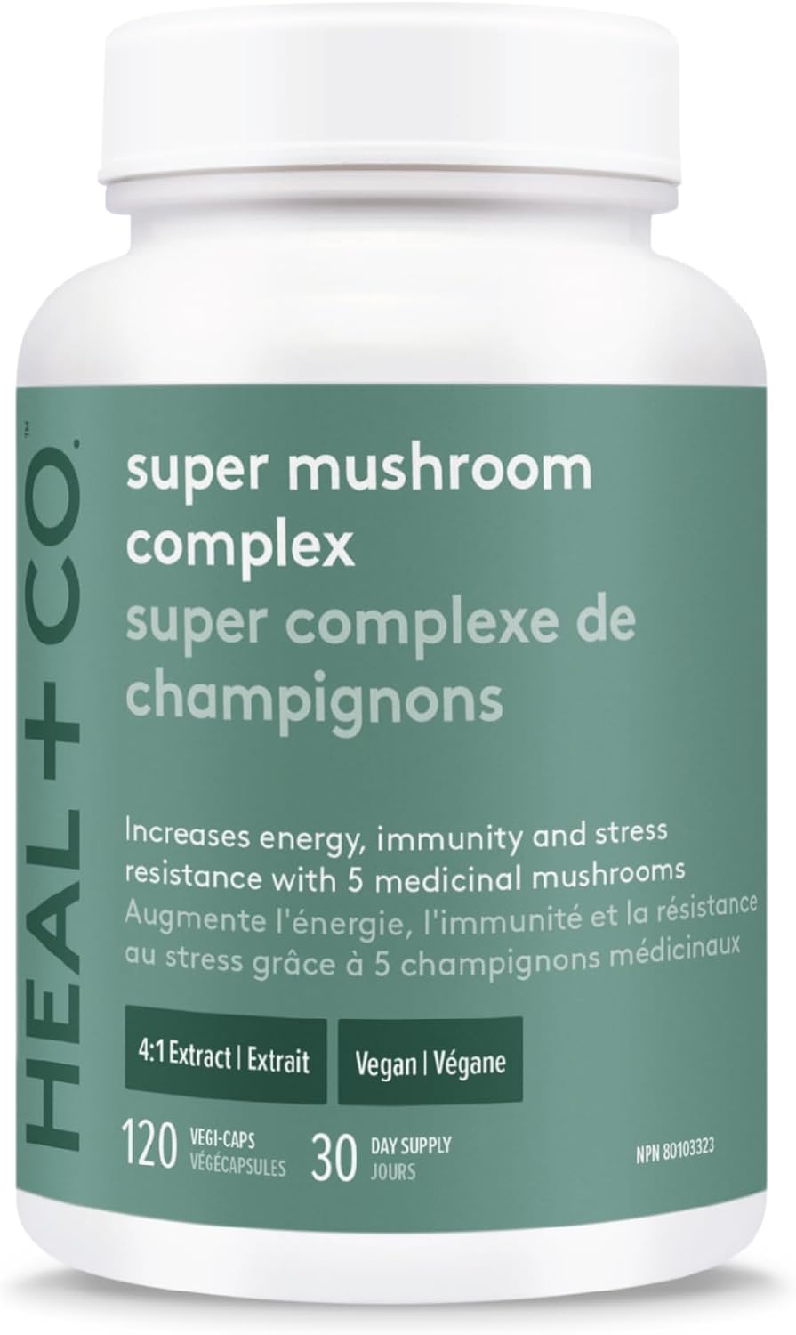 HEAL + CO. 超级蘑菇复合物 | 能量 + 免疫支持补充剂 | 5 种强效蘑菇提取物 - 白桦茸 + 猴头菇 + 火鸡尾菇 + 灵芝 + 冬虫夏草 | 120 x 500 毫克胶囊