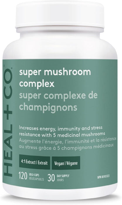 HEAL + CO. 超级蘑菇复合物 | 能量 + 免疫支持补充剂 | 5 种强效蘑菇提取物 - 白桦茸 + 猴头菇 + 火鸡尾菇 + 灵芝 + 冬虫夏草 | 120 x 500 毫克胶囊