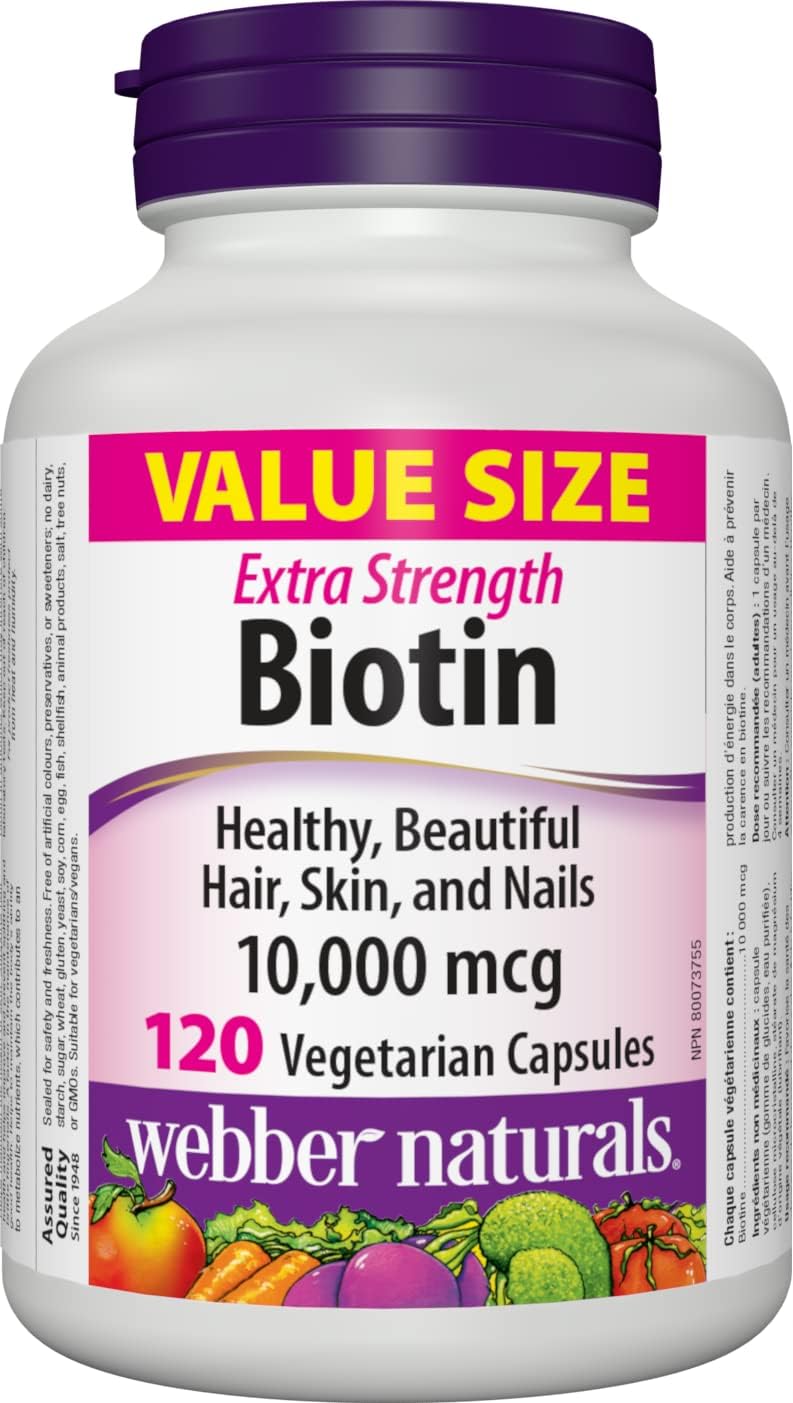 Webber Naturals Biotin 10,000 mcg Extra Strength, 120 Capsules, Supports Healthy Hair, Skin & Nails, Energy Metabolism, Vegan