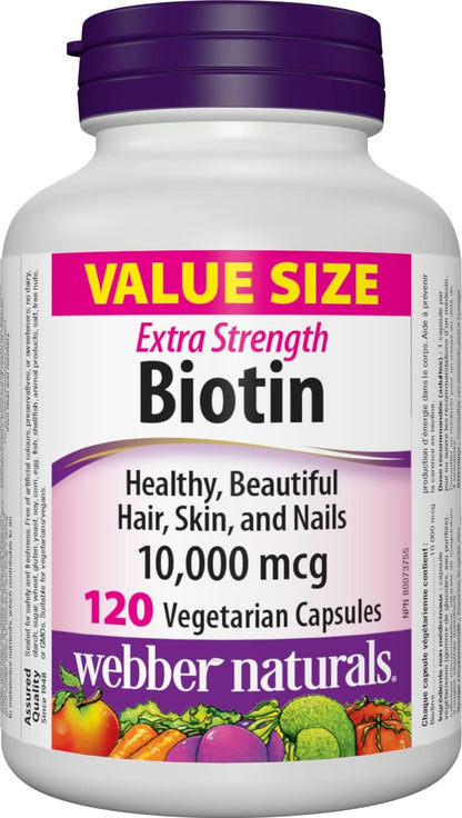 Webber Naturals Biotin 10,000 mcg Extra Strength, 120 Capsules, Supports Healthy Hair, Skin & Nails, Energy Metabolism, Vegan