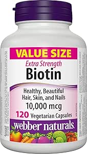 Webber Naturals 生物素 10,000 微克強效膠囊，120 粒，支持健康的頭髮、皮膚和指甲，促進能量代謝，純素