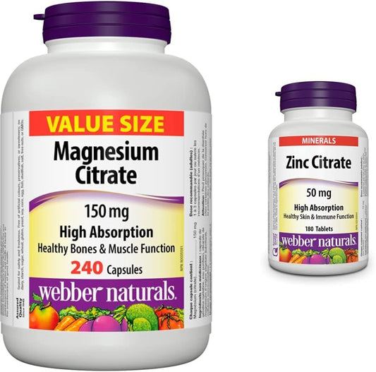 Webber Naturals Magnesium Citrate 150 mg, 240 Capsules, High Absorption Mineral, Supports Bone and Muscle Functions, Gluten Free, Non-GMO & Zinc Citrate 50 mg, 180 Tablets
