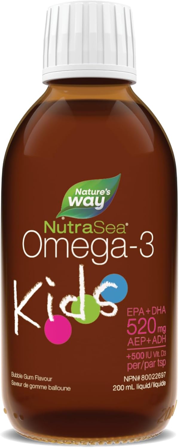 Nature's Way NutraSea 儿童 Omega-3 和维生素 D 补充剂 - 泡泡糖口味鱼油，含 EPA、DHA 和 GLA - 支持大脑和眼睛发育，帮助强健骨骼和牙齿 - 200 毫升液体