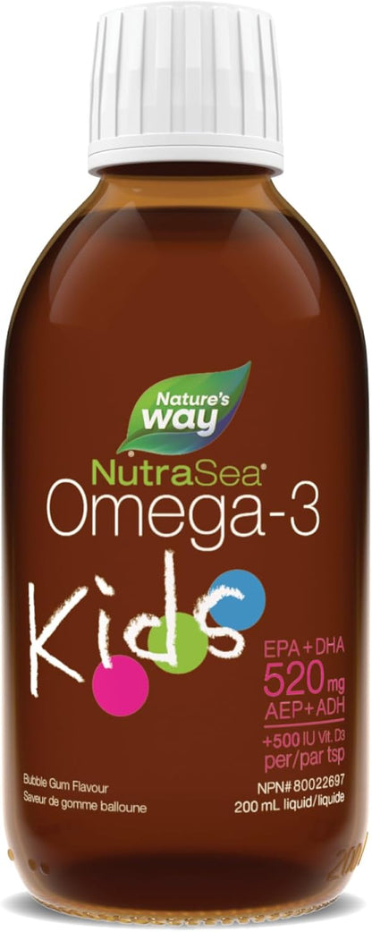Nature's Way NutraSea 儿童 Omega-3 和维生素 D 补充剂 - 泡泡糖口味鱼油，含 EPA、DHA 和 GLA - 支持大脑和眼睛发育，帮助强健骨骼和牙齿 - 200 毫升液体