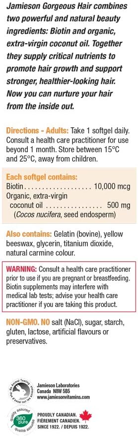 Jamieson 亮澤護髮軟膠囊，含 10,000 微克生物素和有機特級初榨椰子油，促進秀發強韌、濃密、健康，減少斷裂和分叉。非基因改造，無麩質，60 粒裝，加拿大製造