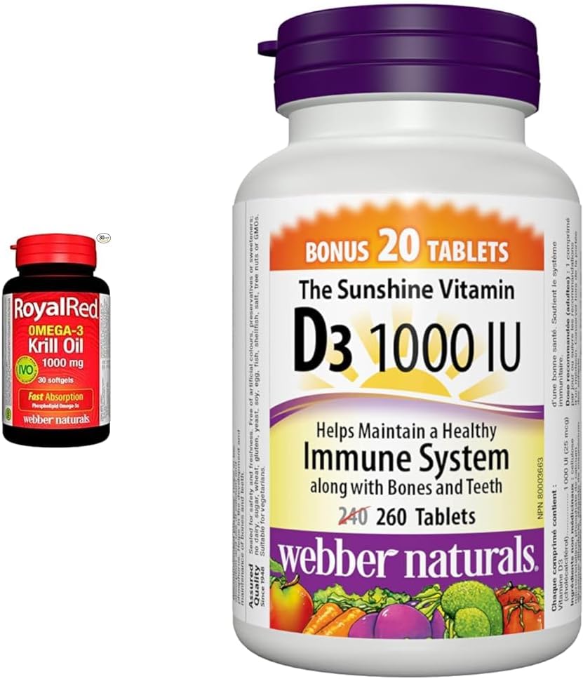 Webber Naturals RoyalRed 磷虾油 1000 毫克，30 粒软胶囊，支持心血管健康，维生素 D3 1000 IU，260 片，有助于骨骼和牙齿健康，维持身体健康