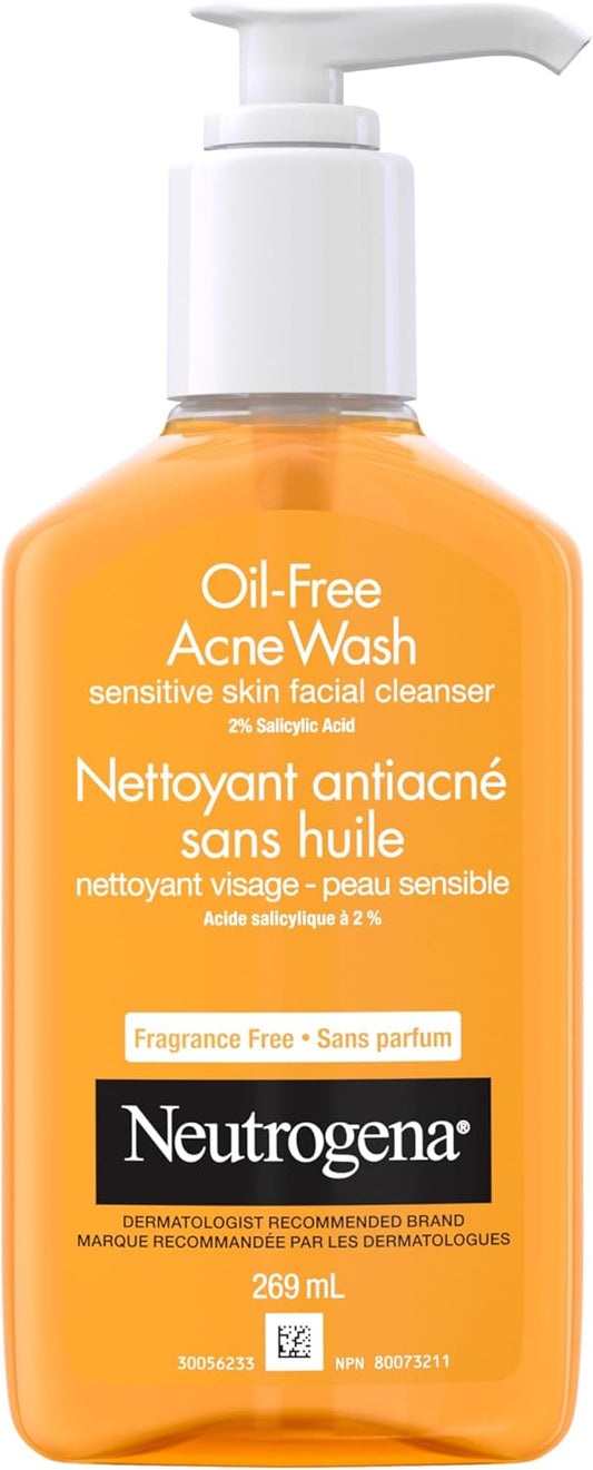 Neutrogena Oil-Free Acne Fighting Fragrance-Free Facial Cleanser, 2% Salicylic Acid Acne Treatment, Daily Oil-Free Acne Face Wash for Acne-Prone Skin with Salicylic Acid, 269 ml