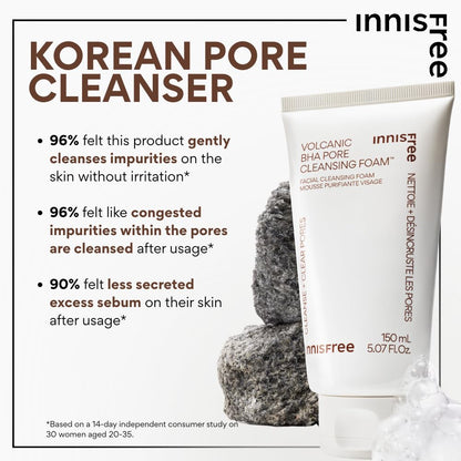 innisfree Volcanic BHA Pore Cleansing Foam, Korean Face Wash with Salicylic Acid, Oil Control, Deep Clean, Pore Care, Sulfate-Free Formula