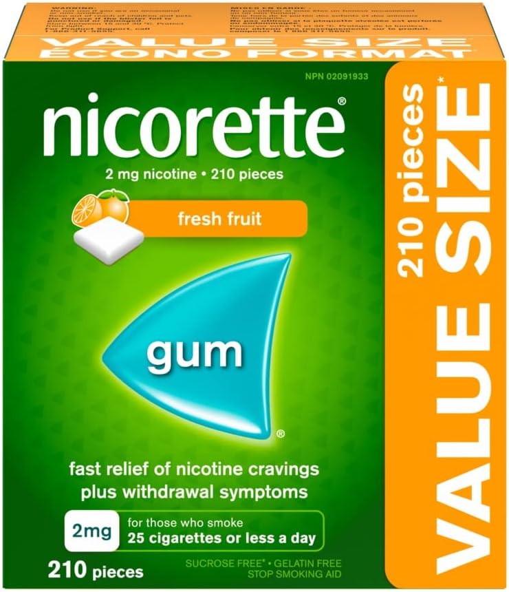 Nicorette 戒烟辅助剂 | 尼古丁口香糖戒烟辅助剂（新鲜水果 2 毫克，210 片 + 肉桂 2 毫克，105 片）