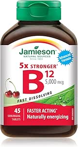 Jamieson 維生素 B12 5,000 微克速溶舌下片，天然櫻桃口味，甲鈷胺，促進能量生成和代謝。素食。無麩質，不含人工色素、香精或防腐劑…