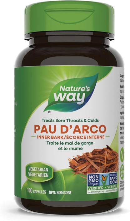Nature's Way Pau d'Arco Inner Bark – Herbal Supplement Used to Help Treat Sore Throat and Colds – Non-GMO – 100 Vegetarian Capsules