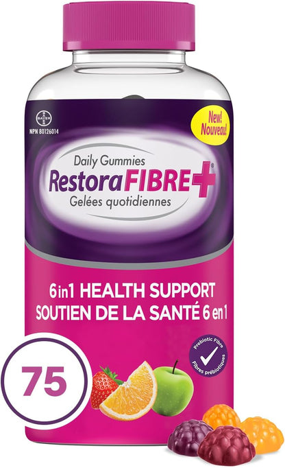 RestoraLAX RestoraFIBRE+ 6 in 1 Daily Prebiotic Fibre Supplement Gummies for Adults, Supports Health Benefits, including Regularity, Gentle Constipation Relief & Healthy Immune Function with Naturally Sourced Inulin (75 ea)