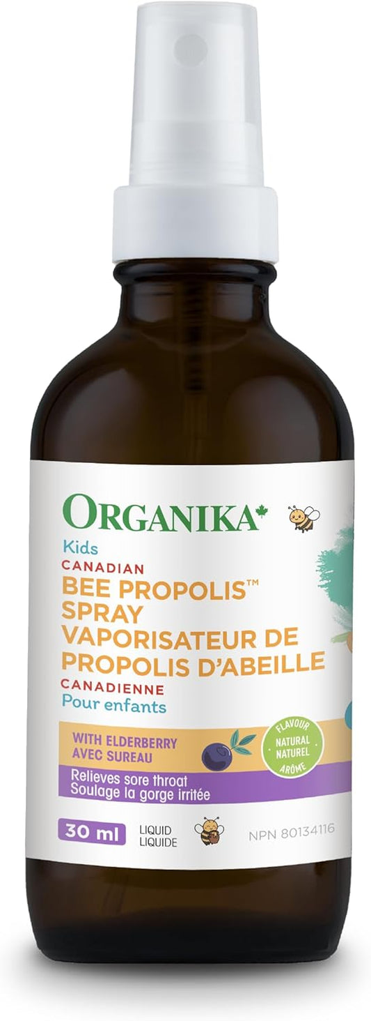 Organika Canadian-Made Kids Bee Propolis Spray with Elderberry for Natural Sugar-Free Sore Throat Relief, Immunity Support, Antioxidants- 30ml