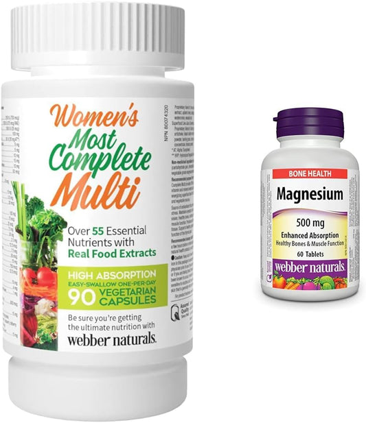 Webber Naturals Most Complete Multi For Women, 90 Capsules, One-Per-Day, Over 55 Vitamins & Magnesium 500 mg, 60 Tablets, Enhanced Absorption Mineral, Supports Bone and Muscle Functions, Vegan