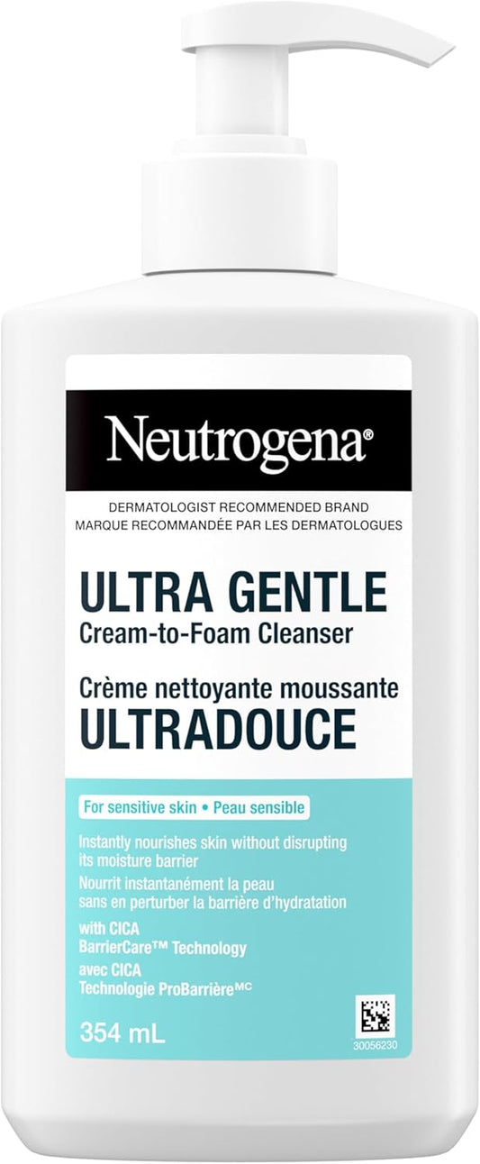 Neutrogena Ultra Gentle Cream-to-Foam Cleanser, Face Wash for Sensitive Skin, Dry Skin, Cleanser, Dermatologist Tested, Hypoallergenic, Cica, Fragrance Free, 354mL