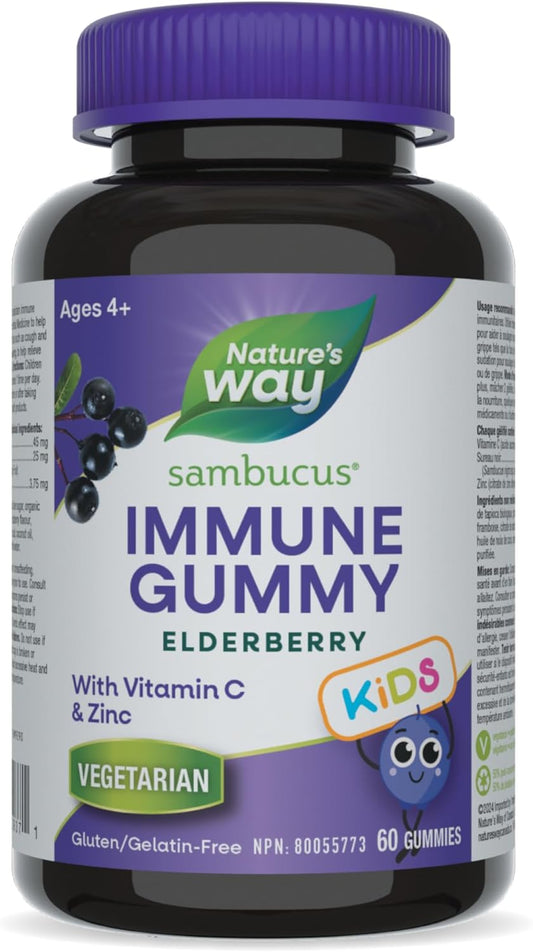 Nature's Way Sambucus Immune Cold and Flu Care Elderberry Gummies with Vitamin C and Zinc - Immune Support for Kids 4+, 60 Gummies