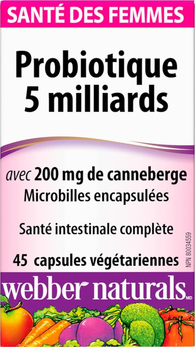 Webber Naturals Probiotic with Cranberry, 5 Billion Active Cells, 5 Probiotic Strains, 45 Capsules, Helps Prevent Recurring UTIs in Women, Vegetarian