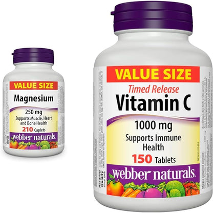 Webber Naturals 鎂 250 毫克，210 粒膠囊，支持骨骼和肌肉功能，純素 & 維生素 C 定時釋放 1000 毫克，150 片，用於骨骼、牙齒、免疫和抗氧化健康
