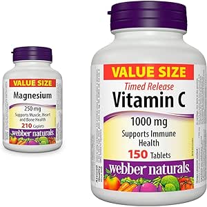 Webber Naturals Magnesium 250 mg, 210 Caplets, Supports Bone and Muscle Functions, Vegan & Vitamin C Timed Release 1000 mg, 150 Tablets, For Bones, Teeth, Immune and Antioxidant Health
