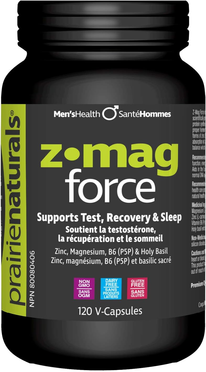 Prairie Naturals Z Mag Force better bones/teeth, tissue formation, muscle function maintenance. Electrolyte balance, normal acid-base metabolism, form red blood cells. Holy Basil. Zinc. Magnesium. B6 P5P. Better testoste…