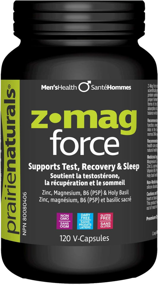 Prairie Naturals Z Mag Force better bones/teeth, tissue formation, muscle function maintenance. Electrolyte balance, normal acid-base metabolism, form red blood cells. Holy Basil. Zinc. Magnesium. B6 P5P. Better testoste…