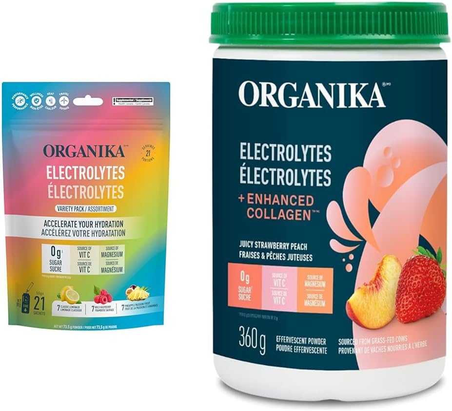 Organika 电解质粉 - 多种包装袋和电解质 + 增强胶原蛋白 - 草莓桃子口味 - 无糖补水 + 蛋白质 360 克 - 30 份
