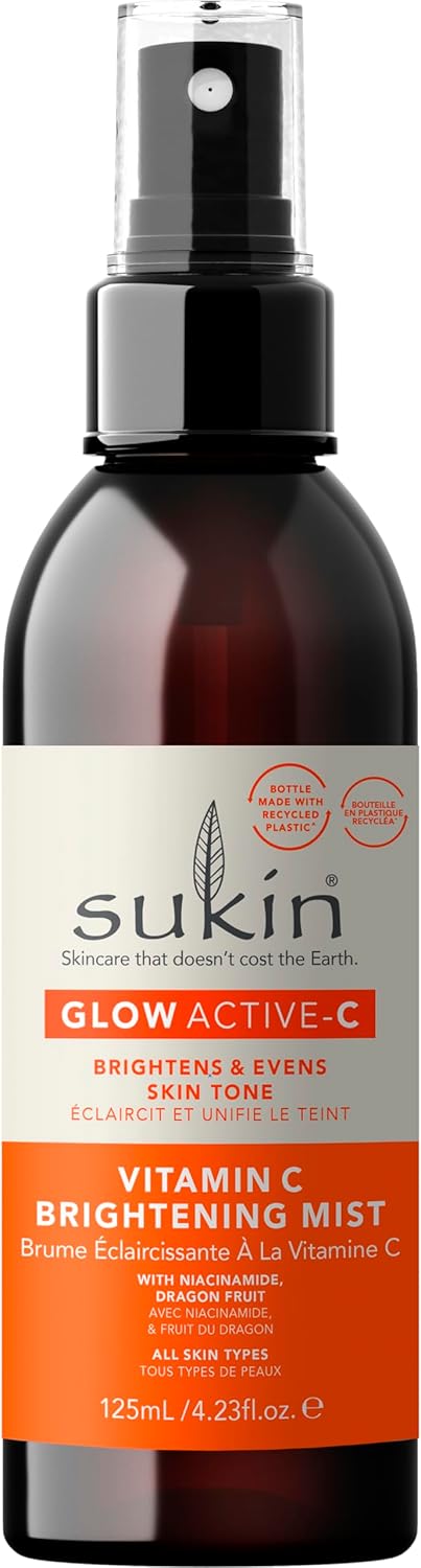 Sukin Glow Active-C Vitamin C Face Brightening Mist – Facial Mist for Dull or Dehydrated Skin with Niacinamide, Aloe Vera and Lavender, Vegan, Cruelty Free, Mineral Oil Free, Sulfate Free, Paraben Free – 125 mL