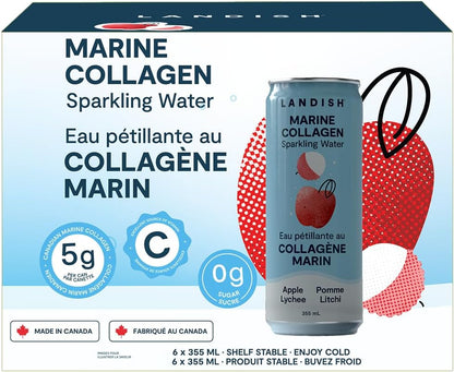 Landish Marine Collagen Sparkling Water Drink - Apple Lychee Flavour - 5 g Wild Canadian Marine Collagen - 0 g Sugar - 355 ml (6-Pack)