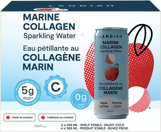 Landish Marine Collagen Sparkling Water Drink - Apple Lychee Flavour - 5 g Wild Canadian Marine Collagen - 0 g Sugar - 355 ml (6-Pack)